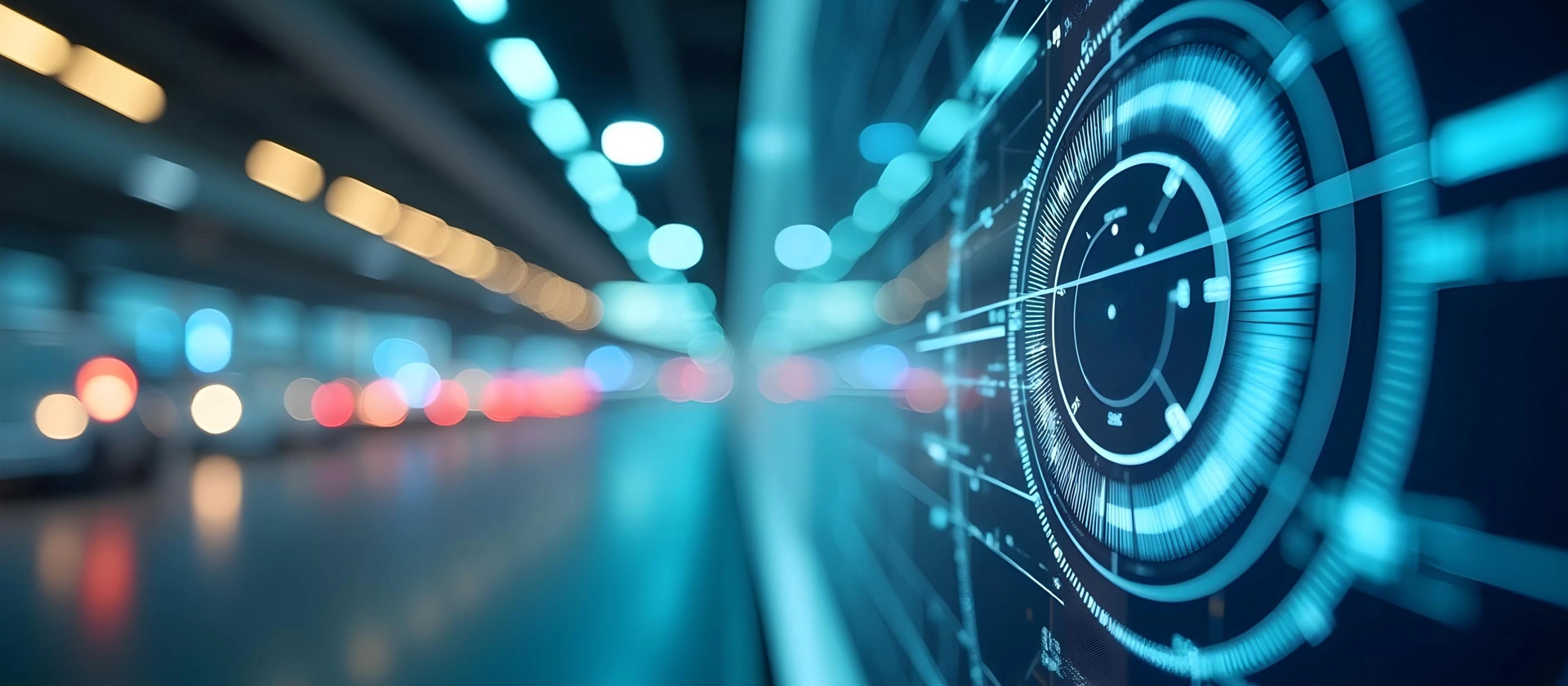 Symbolic image for the Trend Radar: Digital targeting interface with futuristic HUD elements in a tunnel – representing structured trend monitoring, strategic alignment, and forward-looking compliance control.