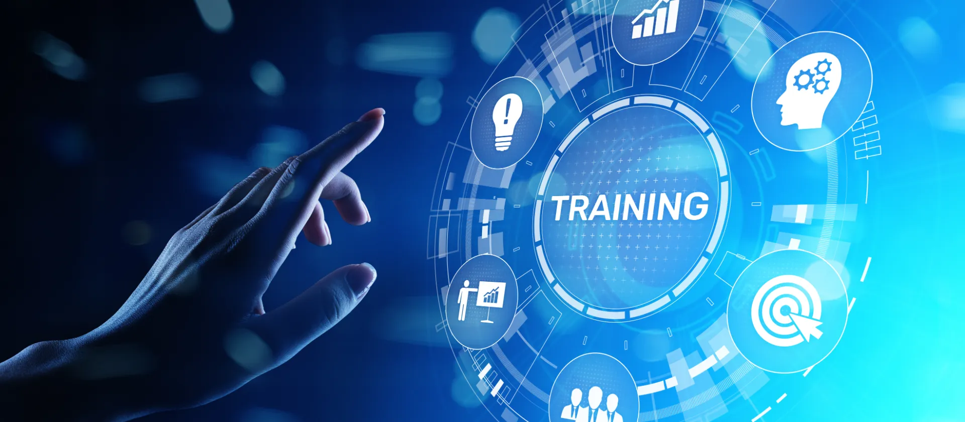 Digitale Benutzeroberfläche mit dem Wort ‚Training‘ und Icons für Wissen, Wachstum und Zusammenarbeit – Symbol für Weiterbildung und Kompetenzentwicklung.