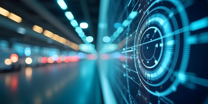 Symbolic image for the Trend Radar: Digital targeting interface with futuristic HUD elements in a tunnel – representing structured trend monitoring, strategic alignment, and forward-looking compliance control.