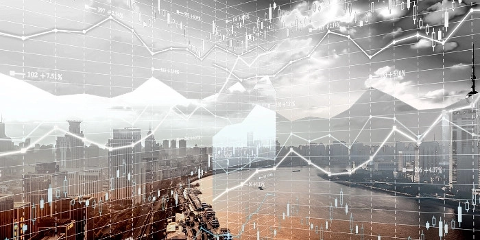 angedeutete Kursgraphen vor einer Großstadtskyline symbolisieren das msg-Softwareprojekt MARZIPAN