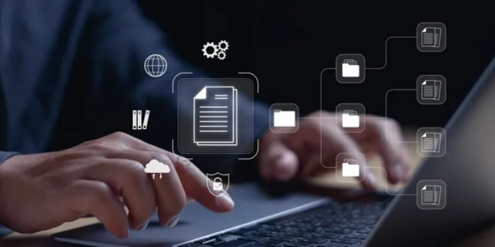 Concept Document Management System ,DMS or file storage and database, businessman hand typing on keyboard Show virtual screen to manage documents