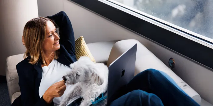 Woman working remotely with laptop and small white dog on lap, enjoying relaxed atmosphere by the window.