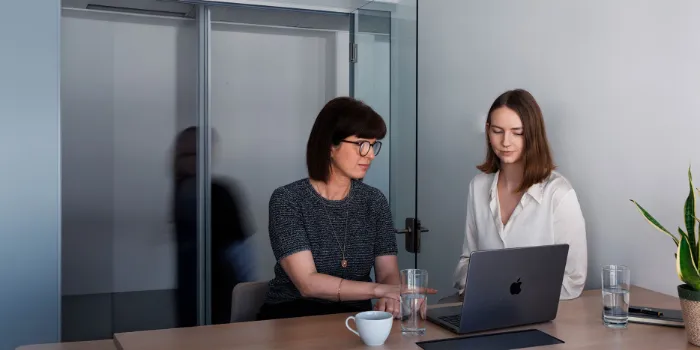 Two businesswomen in a modern office discussing data on a laptop, illustrating teamwork and digital collaboration in a consulting environment.