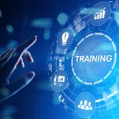 Digitale Benutzeroberfläche mit dem Wort ‚Training‘ und Icons für Wissen, Wachstum und Zusammenarbeit – Symbol für Weiterbildung und Kompetenzentwicklung.