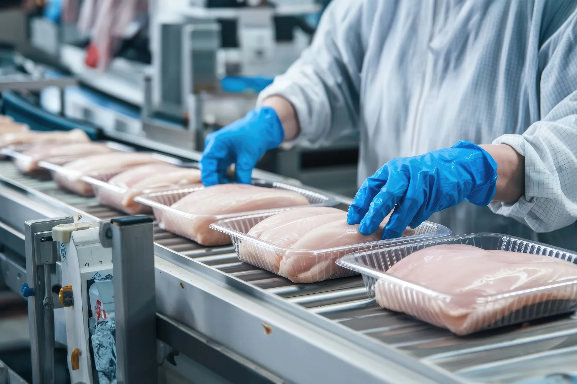 Arbeiter in Fleischindustrie verpackt Hühnchenteile in Plastrikschalen