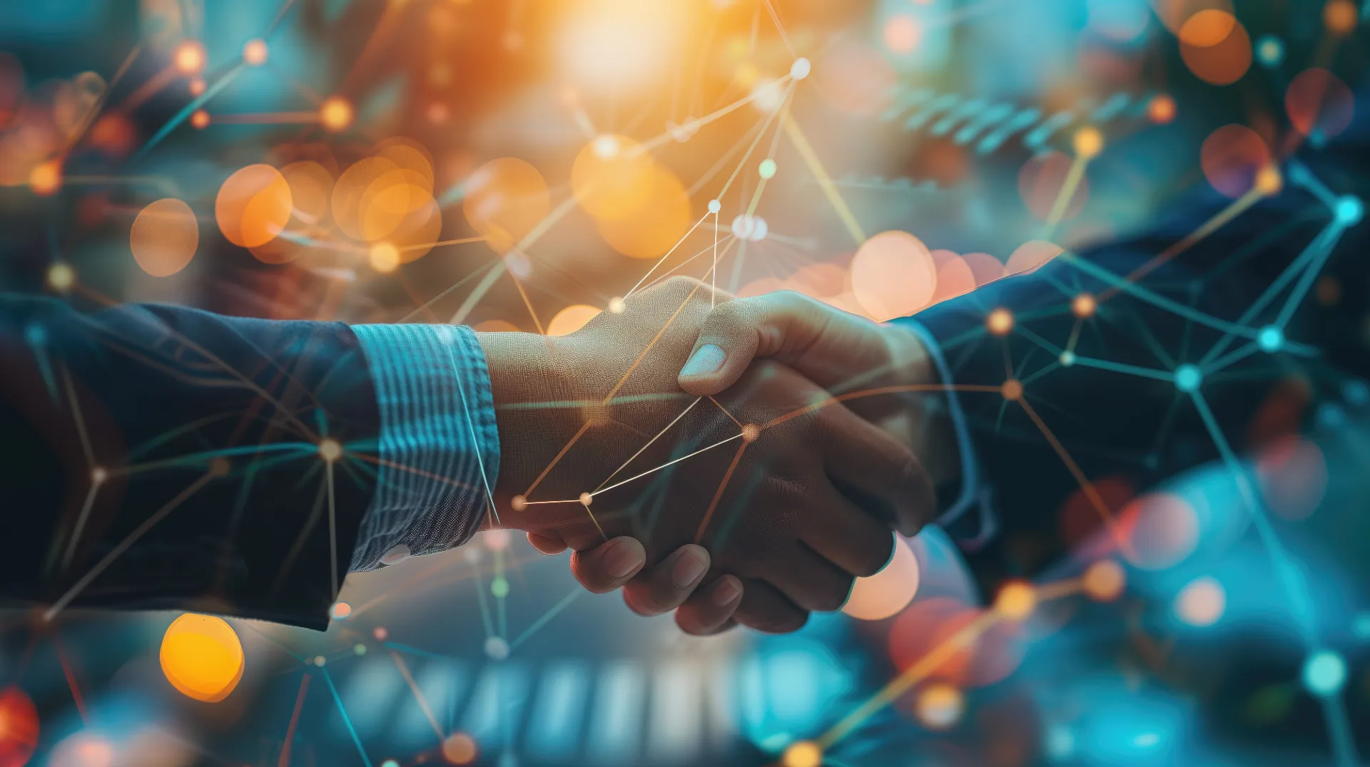 Zwei Personen beim Händeschütteln mit digitalem Netzwerk-Overlay