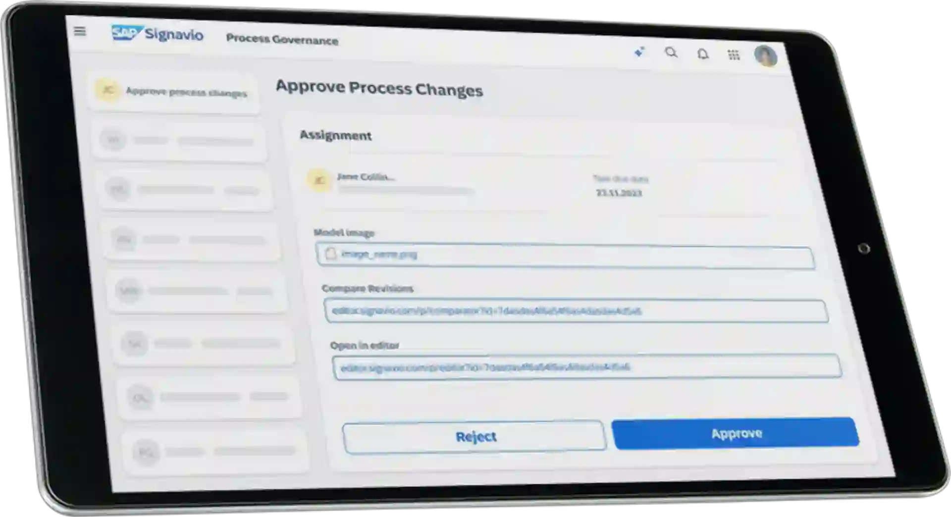 Tablet screen showing SAP Signavio Process Governance workflow for approving process changes, including assignment details, model image, and revision comparison.