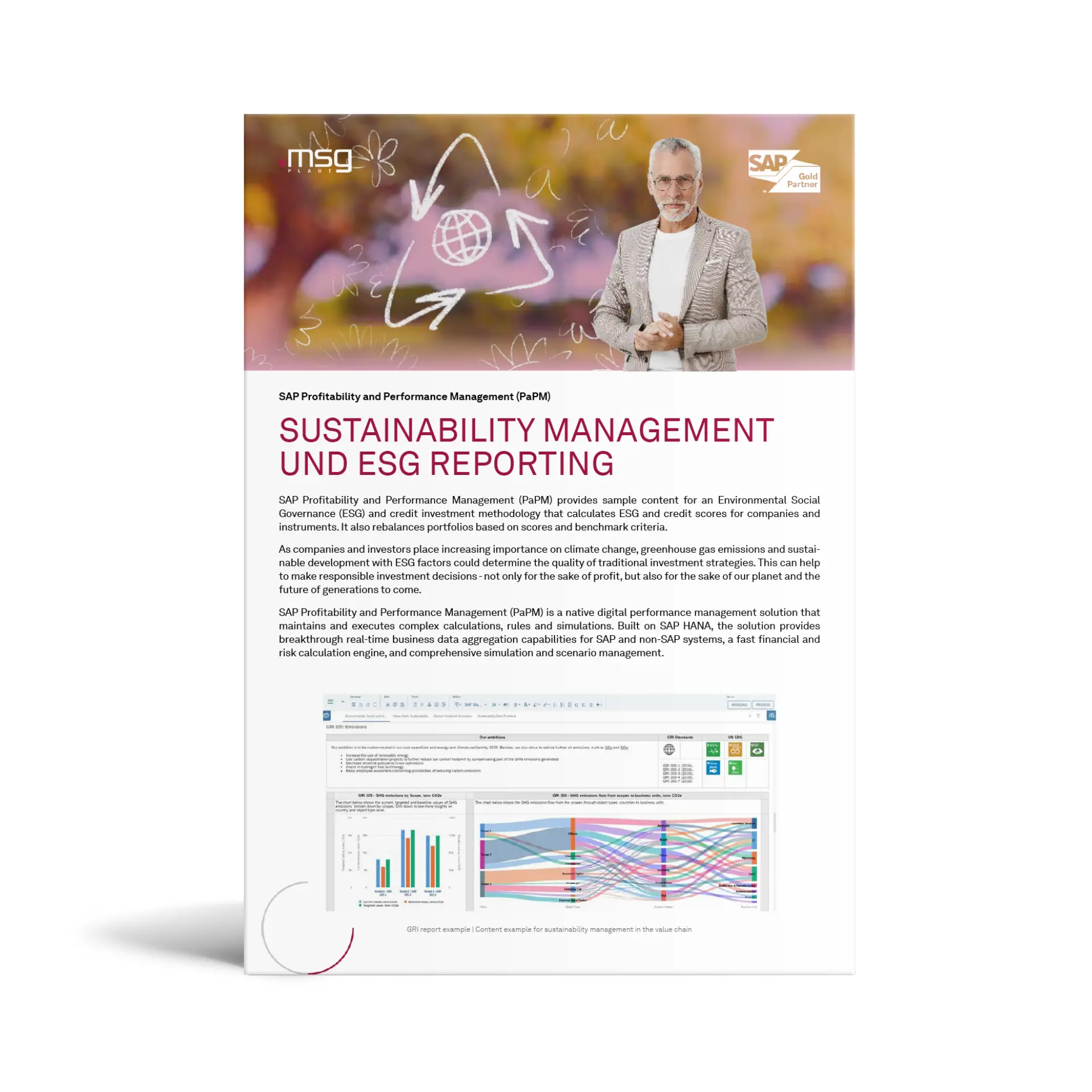 SAP PaPM Sustainability Management and ESG Reporting brochure featuring data visualizations and expert insights, highlighting msg Plaut’s expertise in ESG strategy and SAP profitability management.
