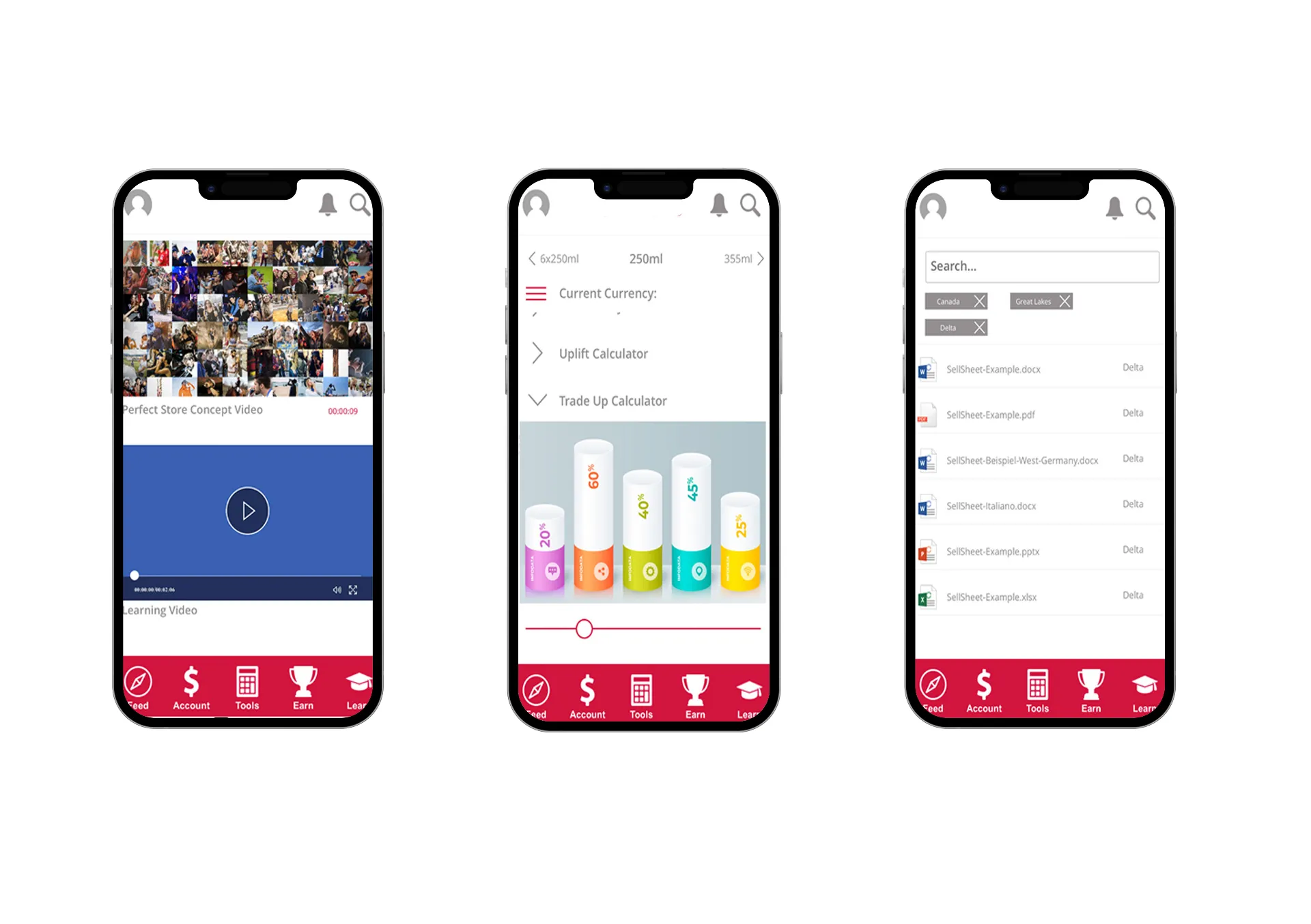 Mobile app screens displaying learning video, uplift calculator, and document search features for field service optimization.