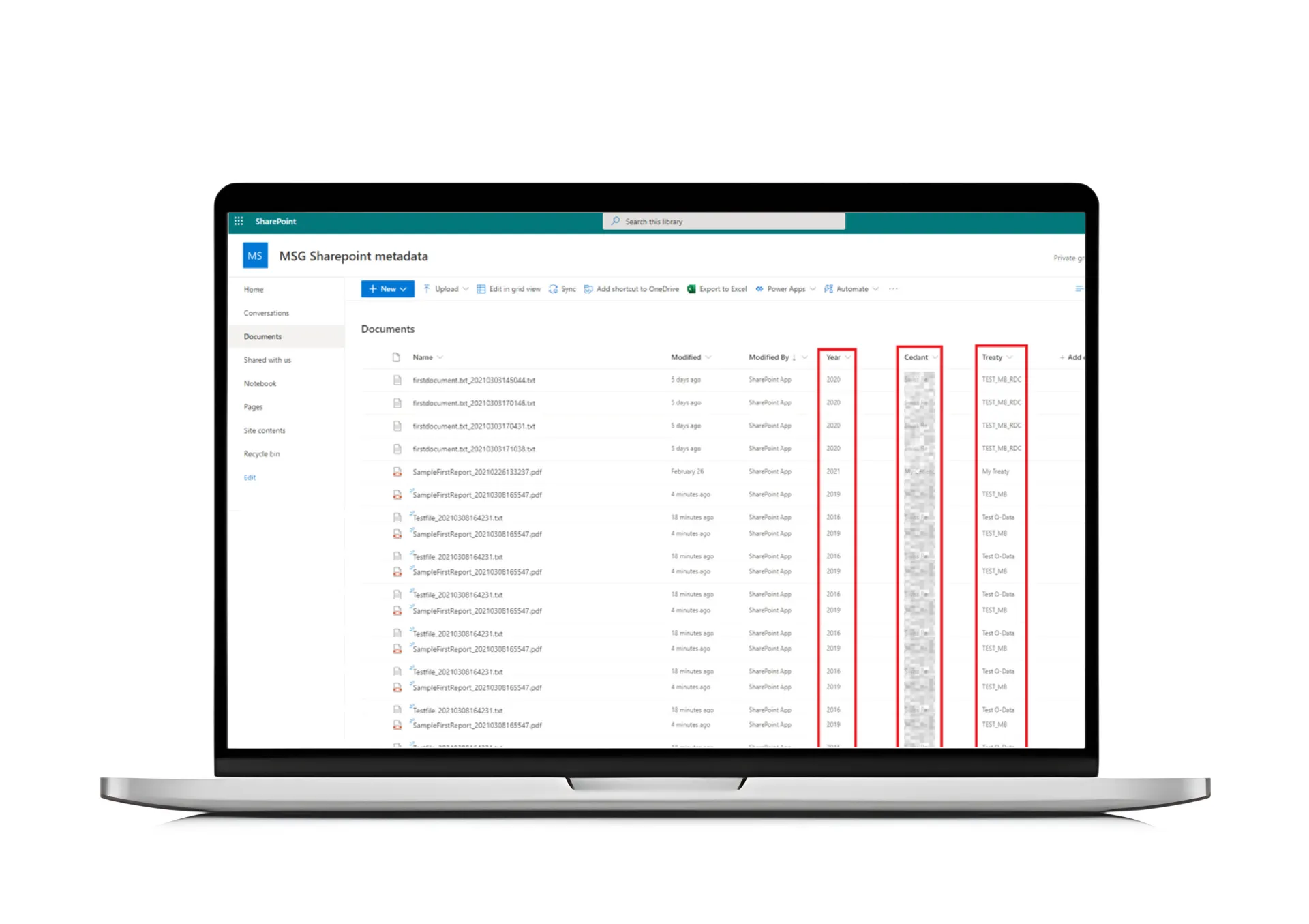 Laptop screen displaying a SharePoint interface with structured metadata fields for insurance document management, including document name, year, cedent, and treaty.