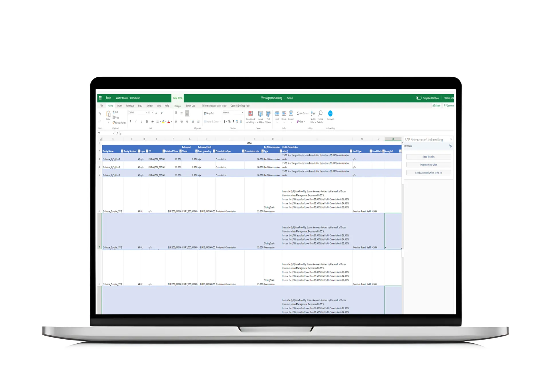 Digital mockup showing SAP Reinsurance Underwriting interface with Excel-based treaty data, commission types, and profit calculations.