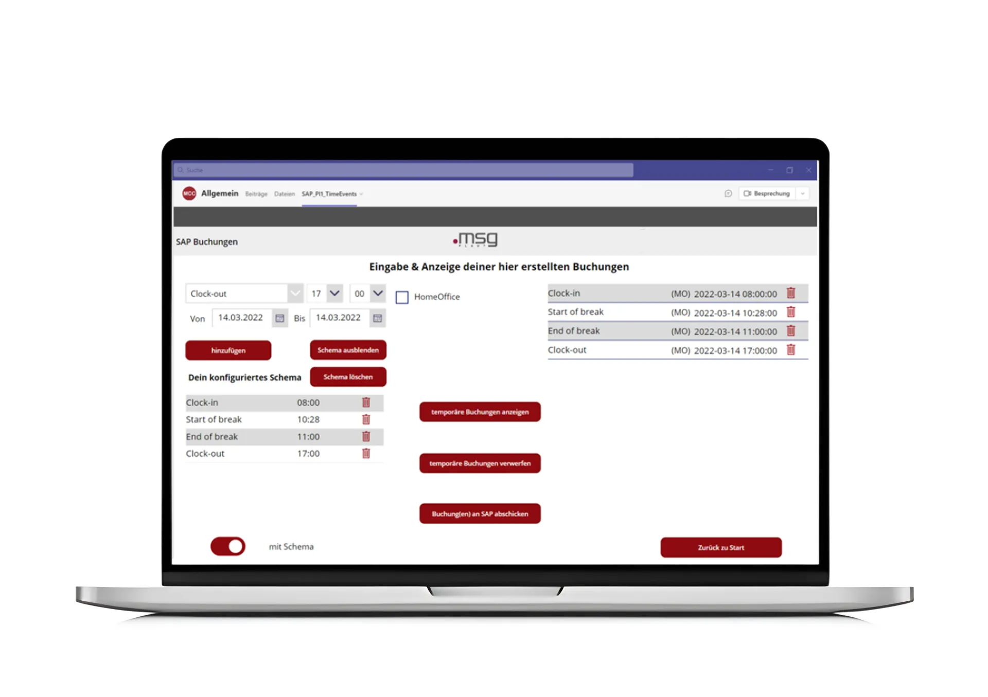 Laptop screen showing a digital time booking interface for SAP, used to record work hours and breaks.