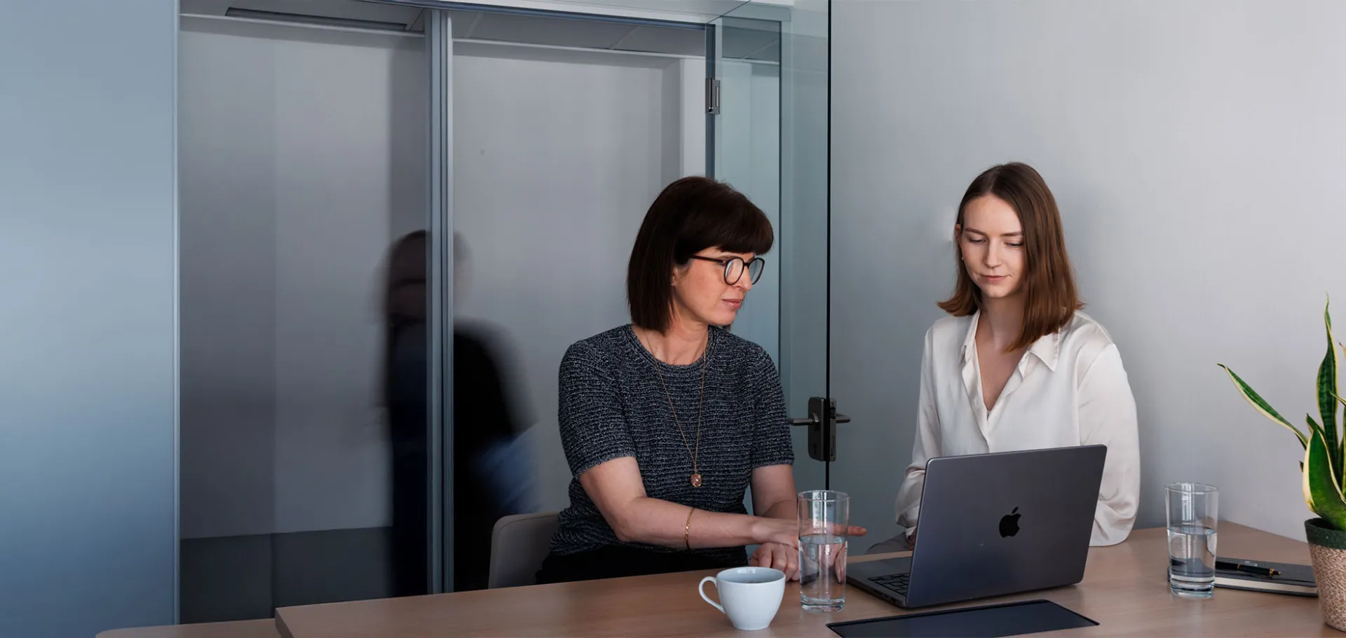 Two businesswomen in a modern office discussing data on a laptop, illustrating teamwork and digital collaboration in a consulting environment.