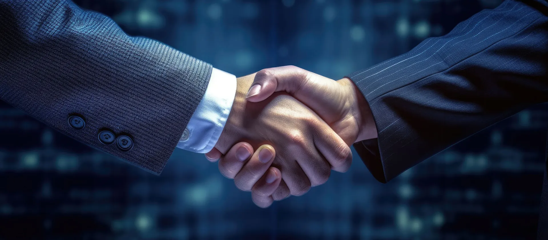 Symbolic image for partnerships: Two hands shaking in front of a cityscape, overlaid with silhouettes of businesspeople – symbolizing trusted collaboration, networking, and shared innovation in the compliance and RegTech ecosystem.