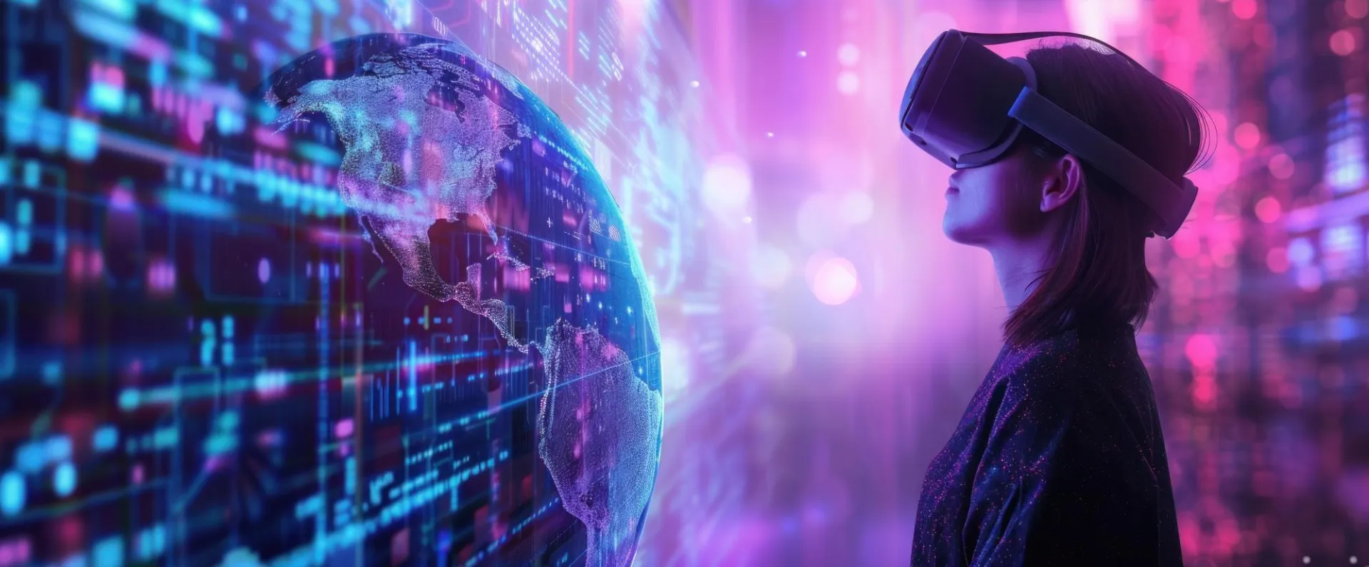 Symbolic image of technological innovation: Woman wearing VR goggles looking at a digital globe – representing future technology, digital transformation, and global developments in the context of news and events.