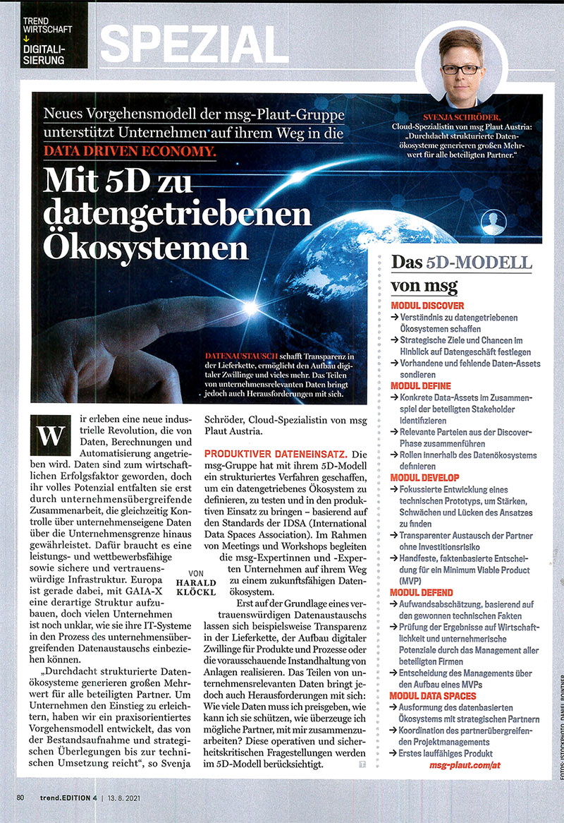 Mit 5D zu datengetriebenen Ökosystemen - Artikel im trend, August 2021